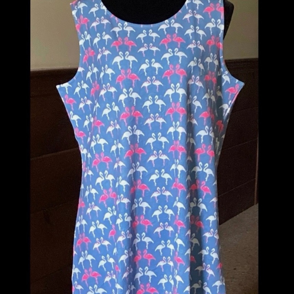 XL L Fun Blue Pink Flamingo Kitsch Stretch Shift Sun Dress Sleeveless